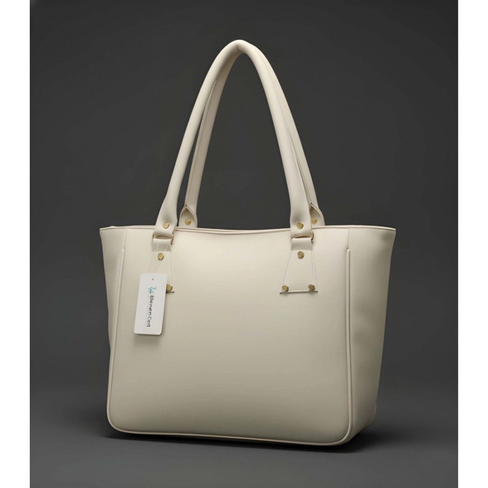 Women's PU Leather Solid Shoulder Zipper Handbag (Cream) - Image 2