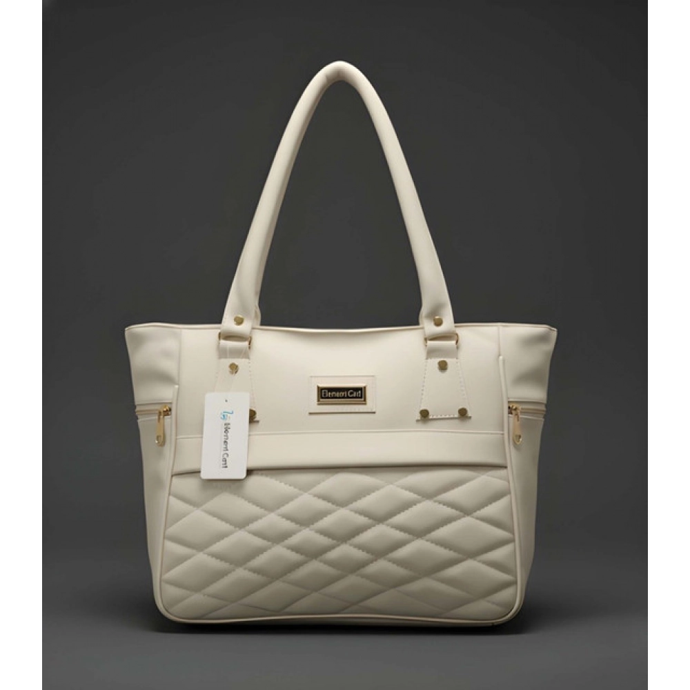 Women's PU Leather Solid Shoulder Zipper Handbag (Cream) - Image 4