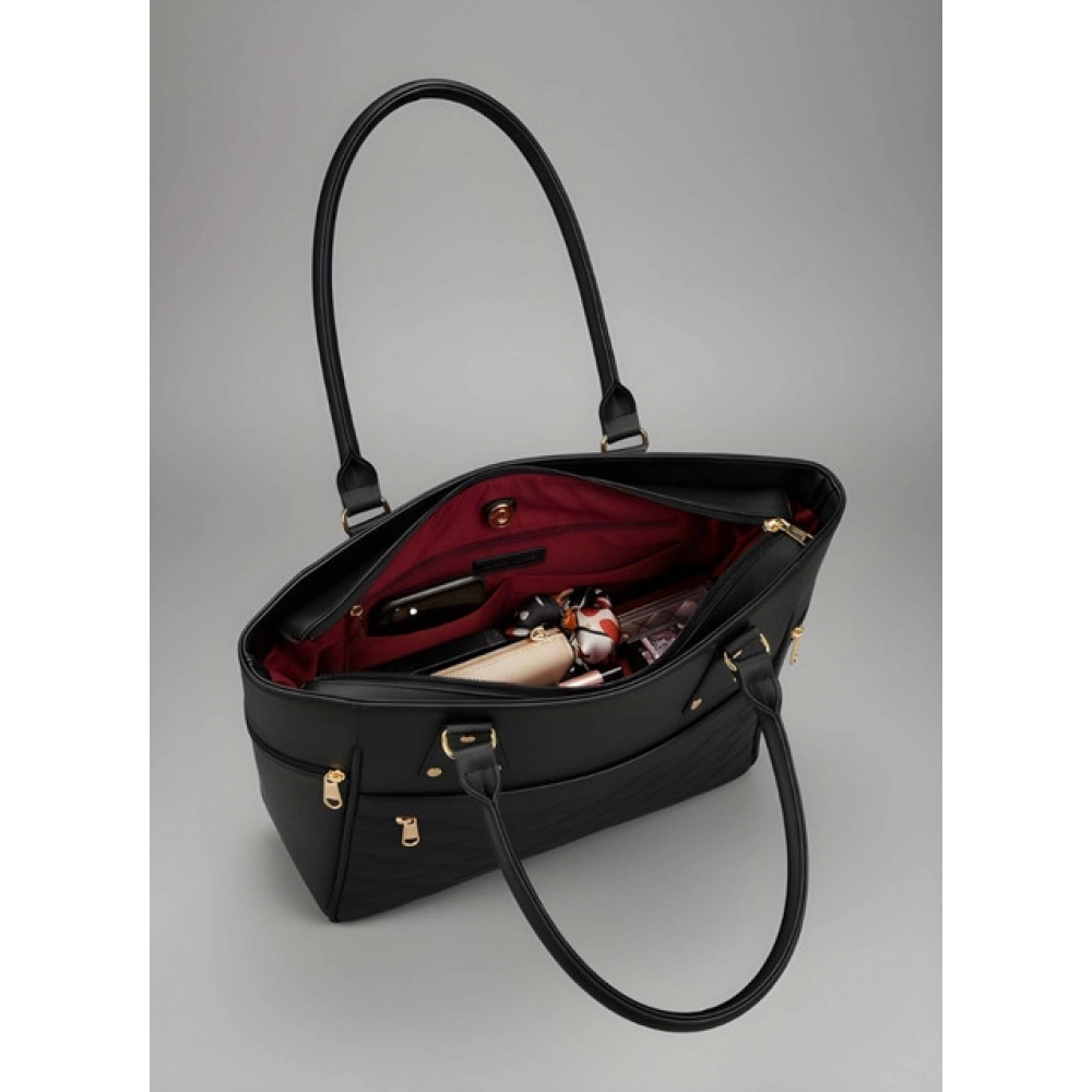 Women's PU Leather Solid Shoulder Zipper Handbag (Black) - Image 3