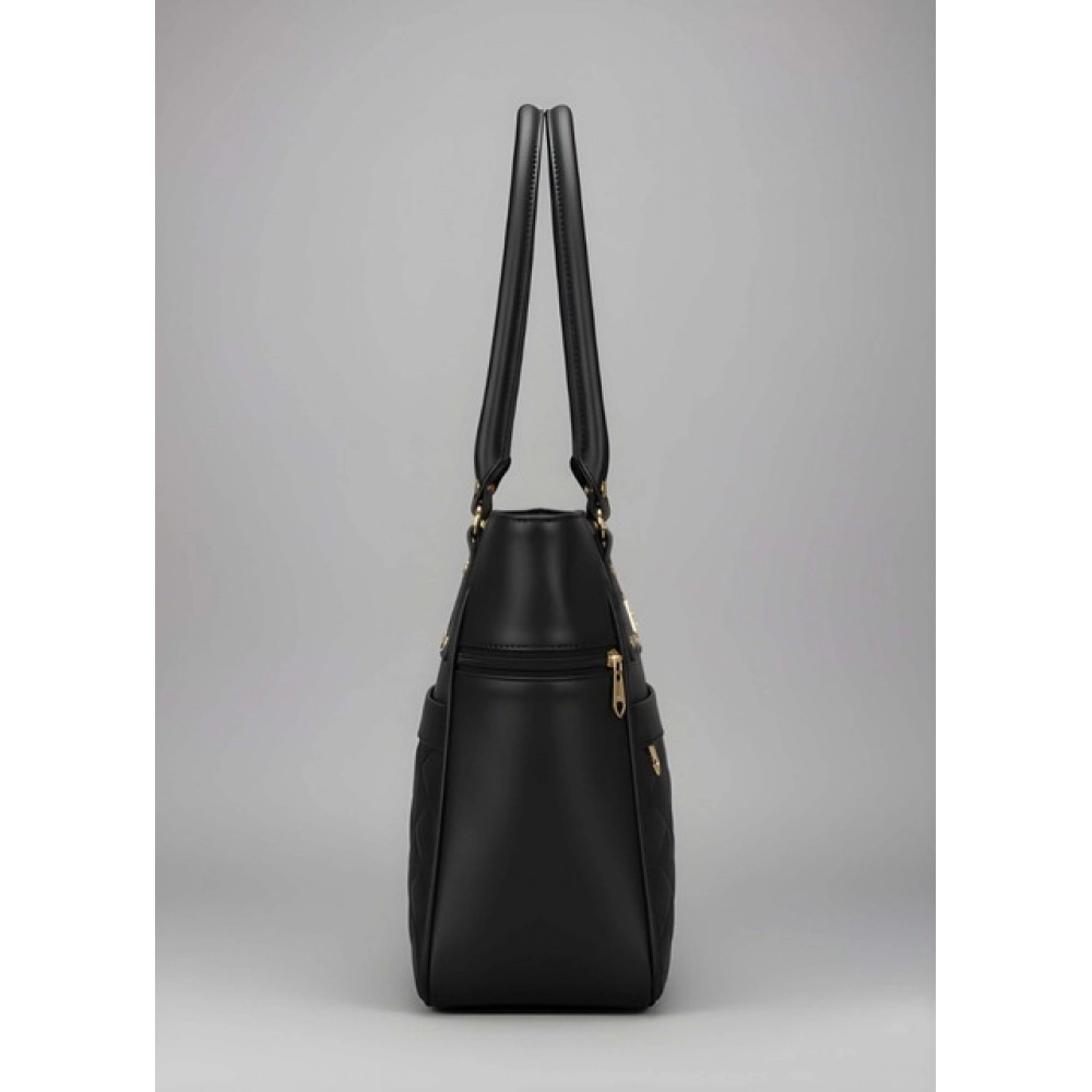 Women's PU Leather Solid Shoulder Zipper Handbag (Black) - Image 4