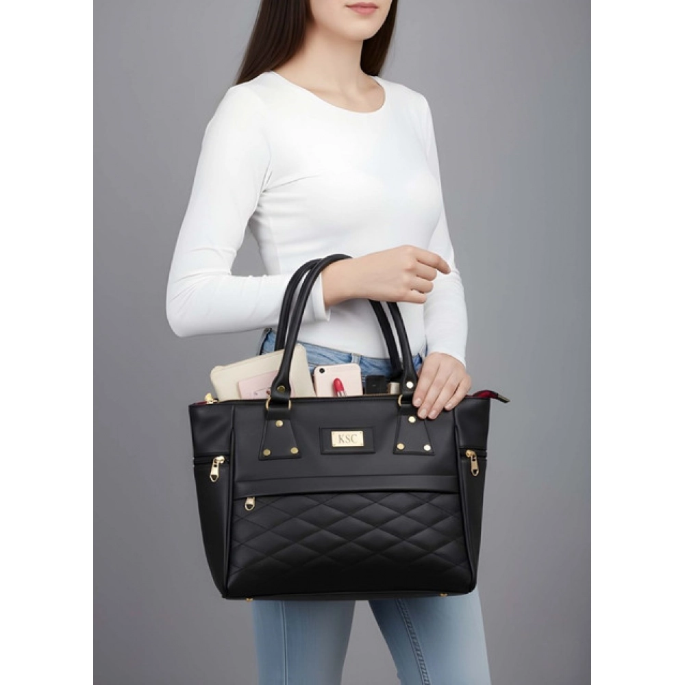 Women's PU Leather Solid Shoulder Zipper Handbag (Black) - Image 5