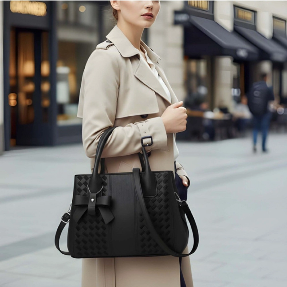 Women's PU Leather Solid Shoulder Zipper Handbag (Black) - Image 5