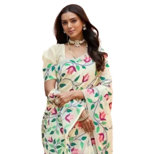 Women's Georgette Printed Saree With Unstitched Blouse 5.5Mtr?(Cream)