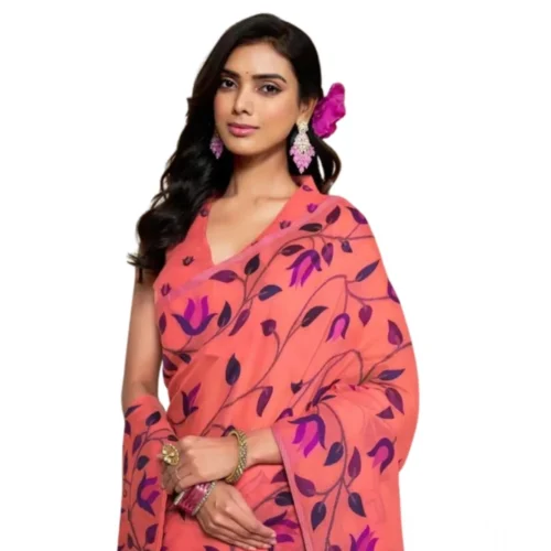 Women's Georgette Printed Saree With Unstitched Blouse 5.5Mtr?(Peach)