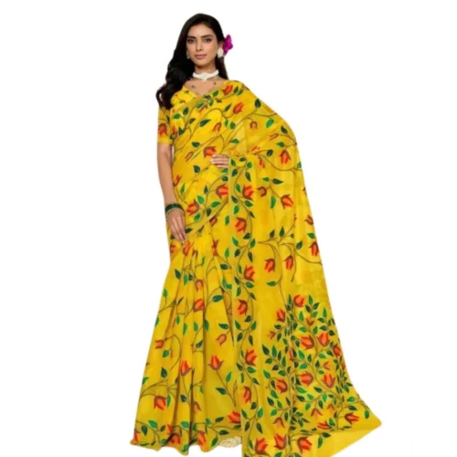 Women's Georgette Printed Saree With Unstitched Blouse 5.5Mtr?(Yellow)