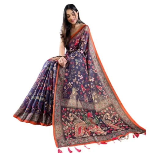 Women's Linen Printed Saree With Unstitched Blouse 5.5Mtr?(Blue)