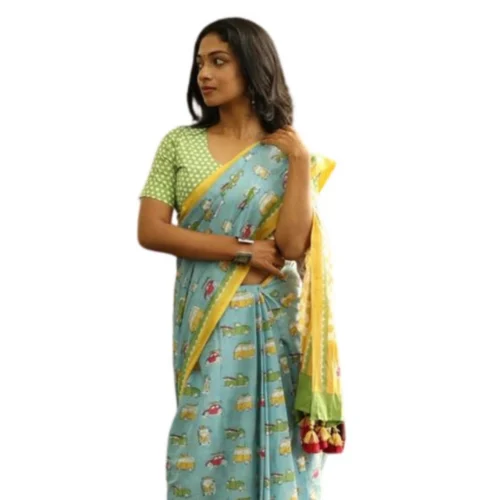 Women's Linen Printed Saree With Unstitched Blouse 5.5Mtr?(Blue)