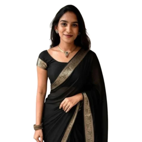 Women's Vichitra Silk Printed Saree With Unstitched Blouse 5.5Mtr?(Black)