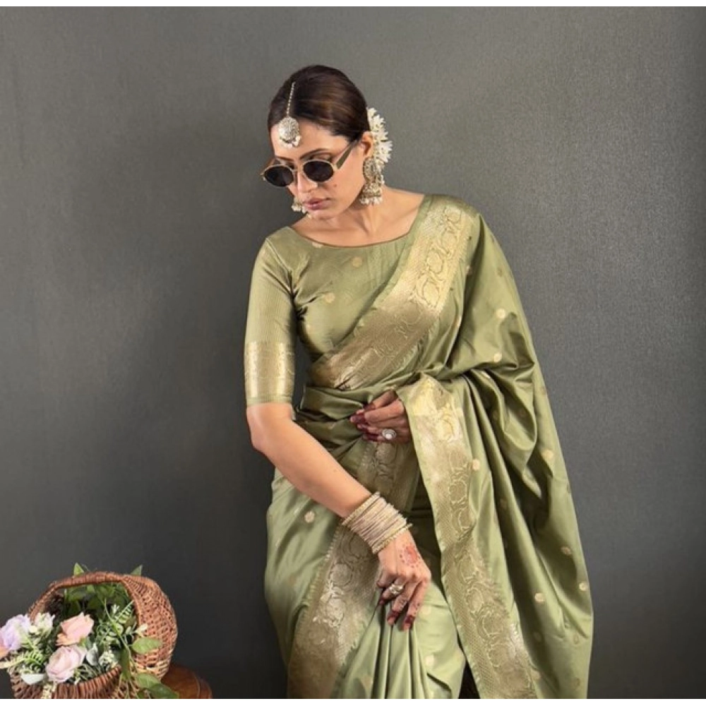 Women's Satin Printed Saree With Unstitched Blouse 5.5Mtr?(Green) - Image 5