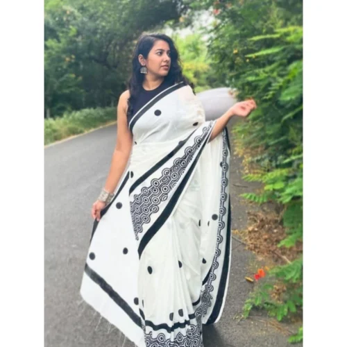 Women's Linen Printed Saree With Unstitched Blouse 5.5Mtr?(White)