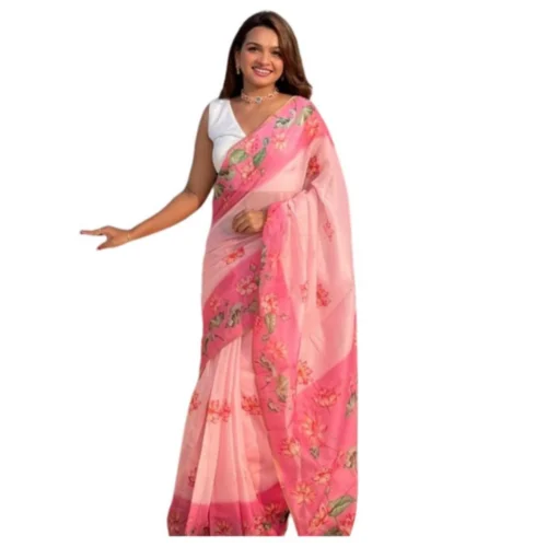 Women's Linen Printed Saree With Unstitched Blouse 5.5Mtr?(Pink)