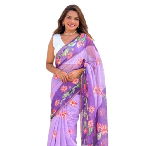 Women's Linen Printed Saree With Unstitched Blouse 5.5Mtr?(Purple)