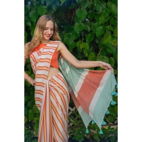 Women's Linen Printed Saree With Unstitched Blouse 5.5Mtr?(Orange)