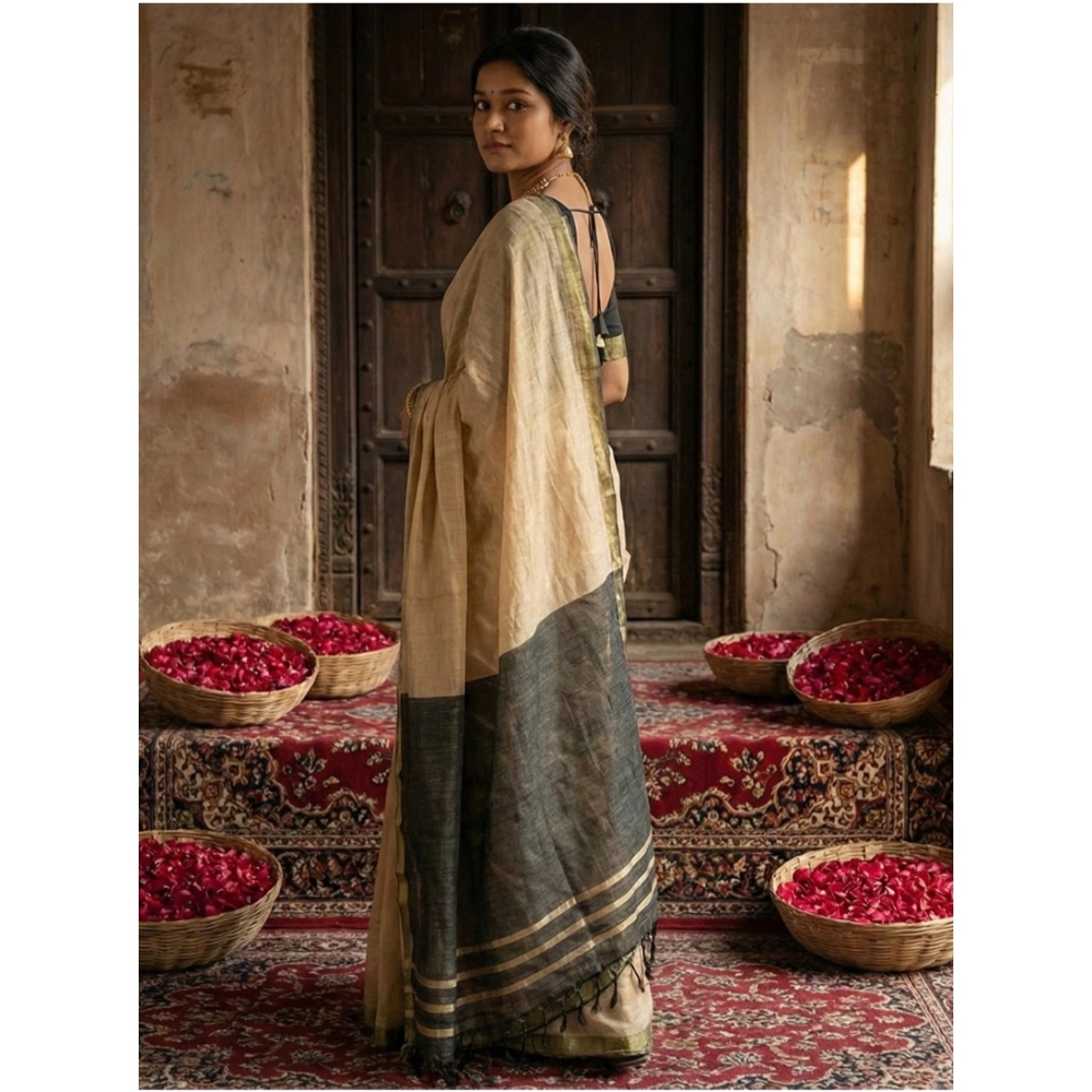 Women's Cotton Printed Saree With Unstitched Blouse 5.5Mtr (Beige) - Image 2