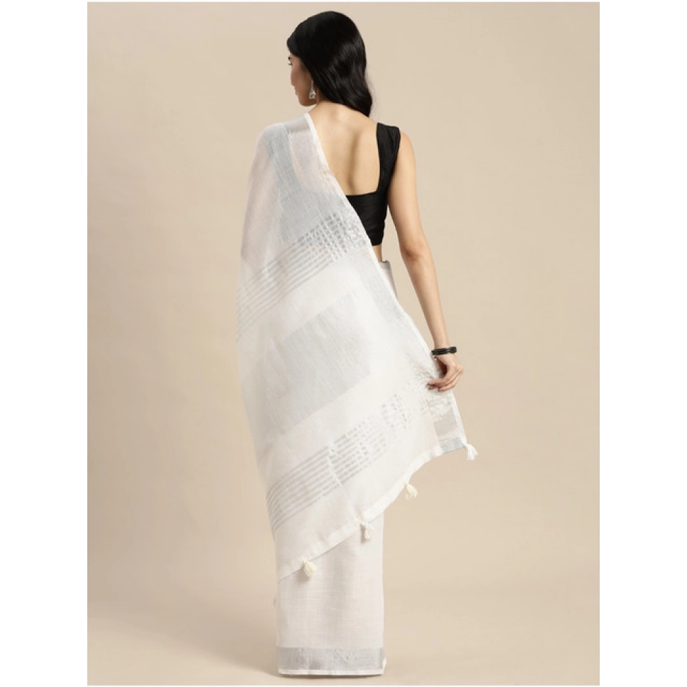 Women's Linen Cotton Printed Saree With Unstitched Blouse 5.5Mtr (White) - Image 2