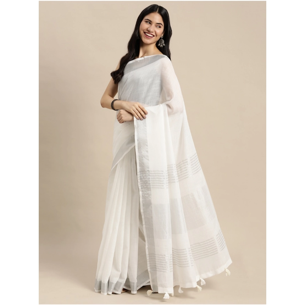 Women's Linen Cotton Printed Saree With Unstitched Blouse 5.5Mtr (White) - Image 3
