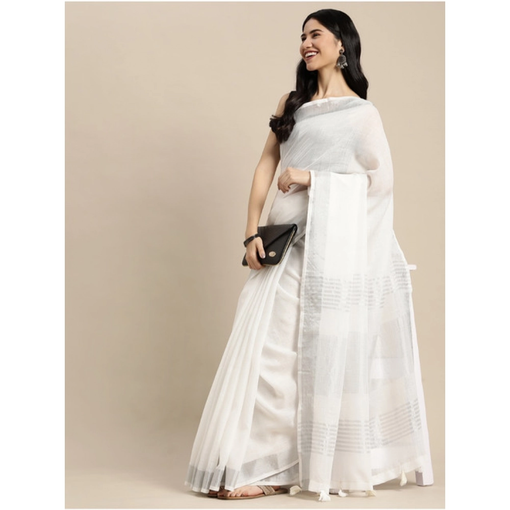Women's Linen Cotton Printed Saree With Unstitched Blouse 5.5Mtr (White) - Image 4