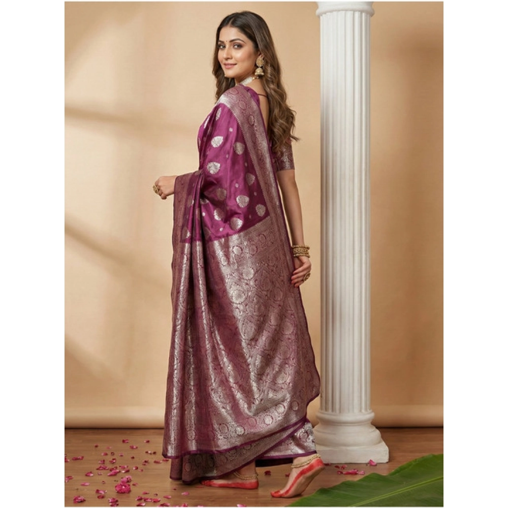 Women's Silk Blend Printed Saree With Unstitched Blouse 5.5Mtr (Purple) - Image 2