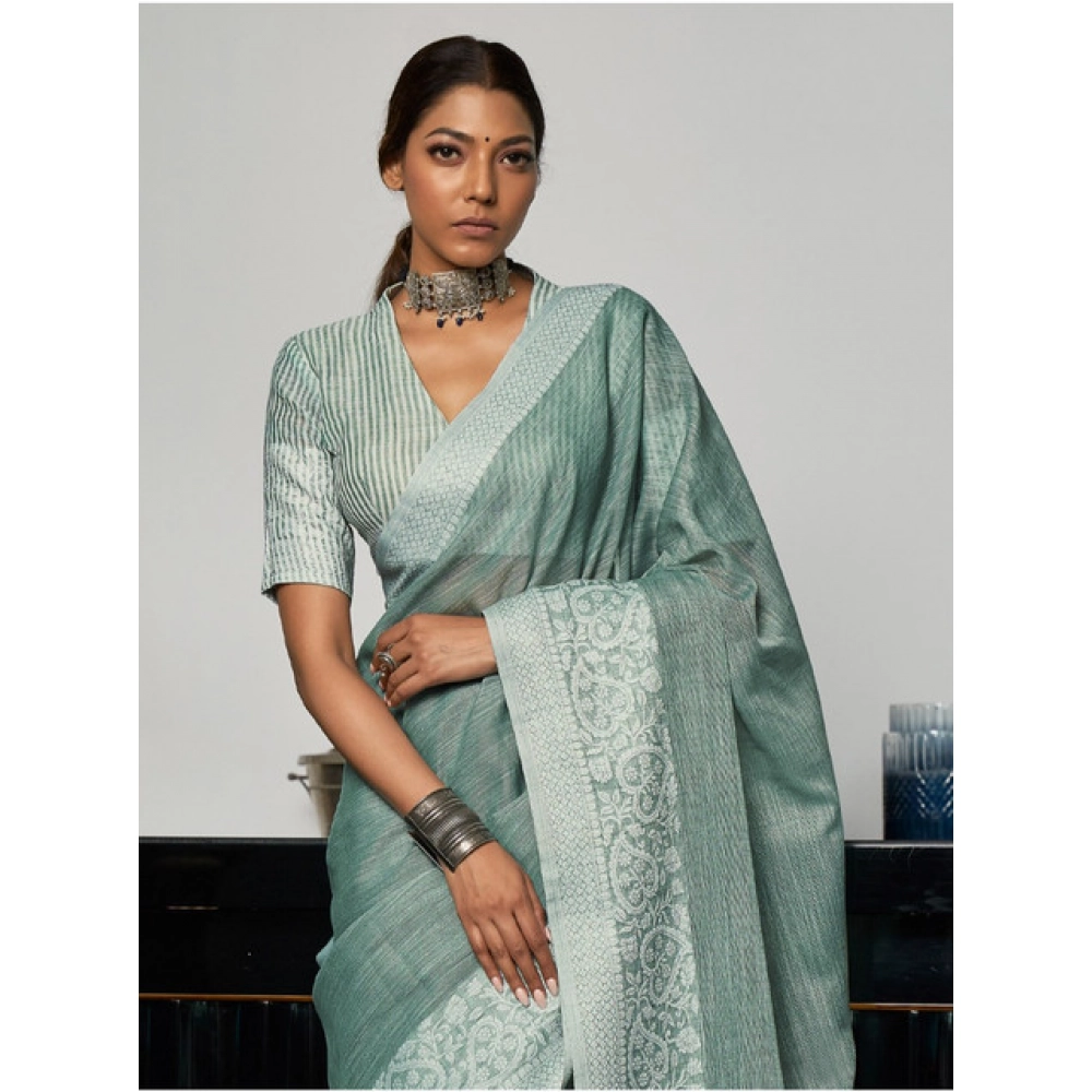 Women's Linen Printed Saree With Unstitched Blouse 5.5Mtr (Sea Green) - Image 2