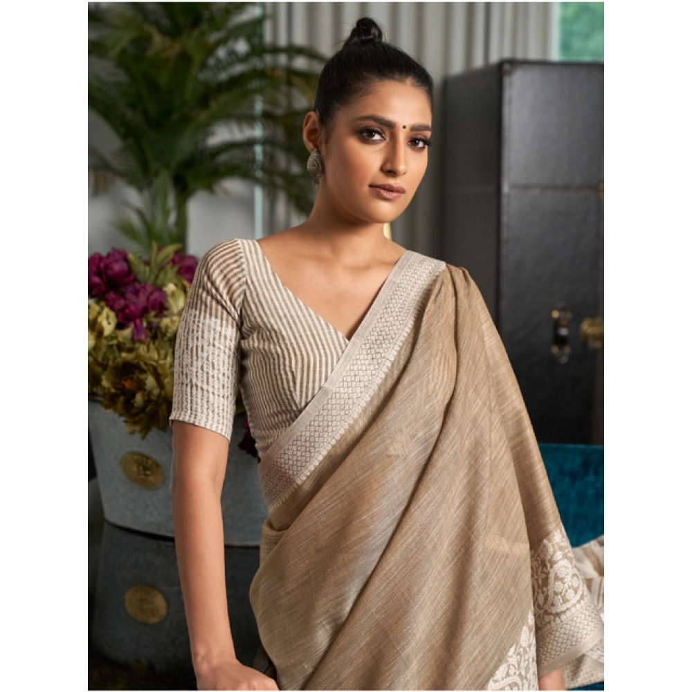 Women's Linen Printed Saree With Unstitched Blouse 5.5Mtr (Beige) - Image 2