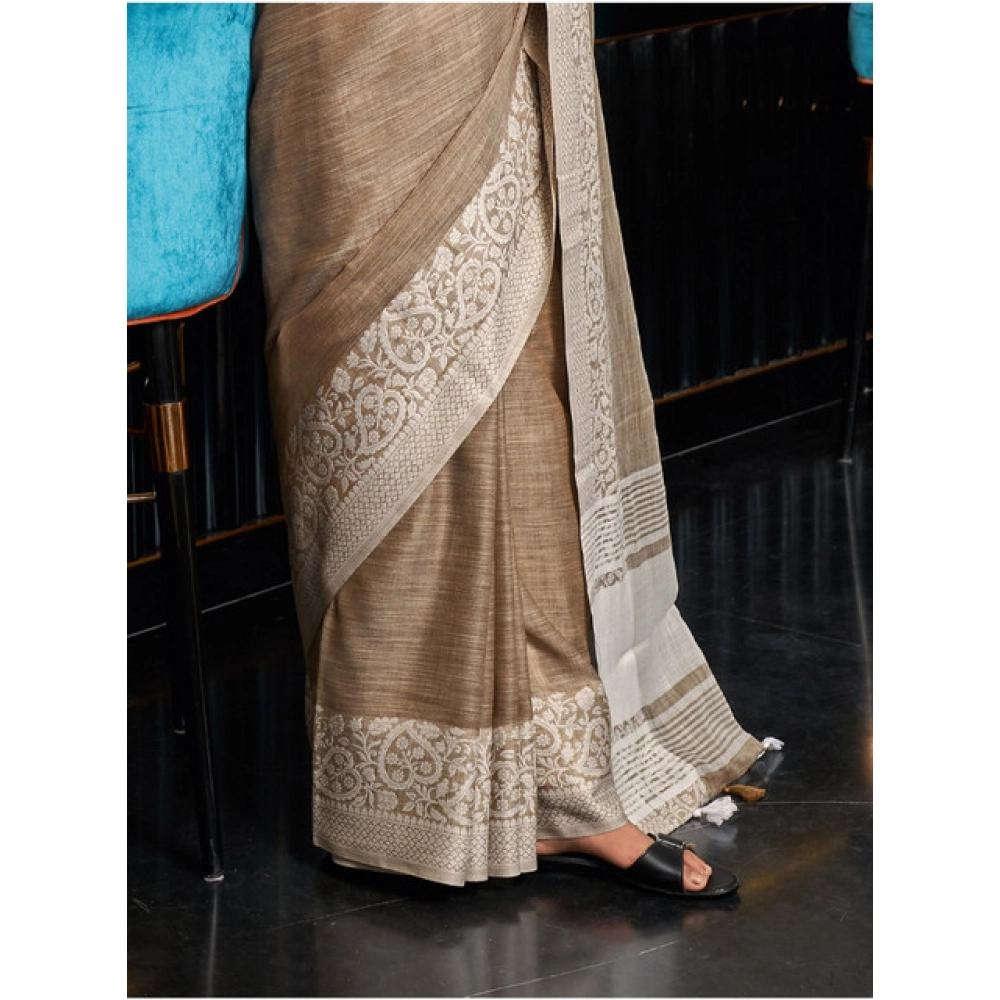 Women's Linen Printed Saree With Unstitched Blouse 5.5Mtr (Beige) - Image 4