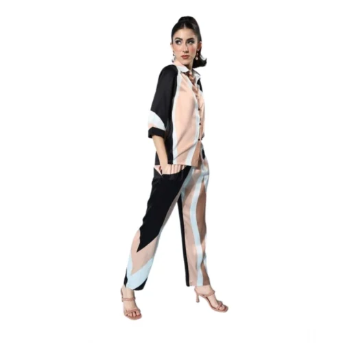 Women's Satin Colour Block Long Sleeves Co-Ord Set (Beige - Black)