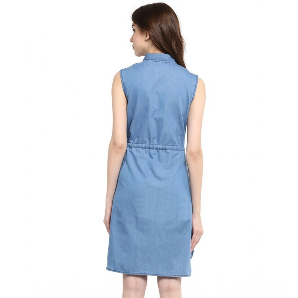 Women's Denim Solid Sleeveless Dress (Blue) - Image 2