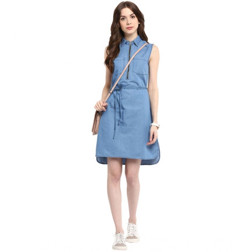 Women's Denim Solid Sleeveless Dress (Blue) - Image 3