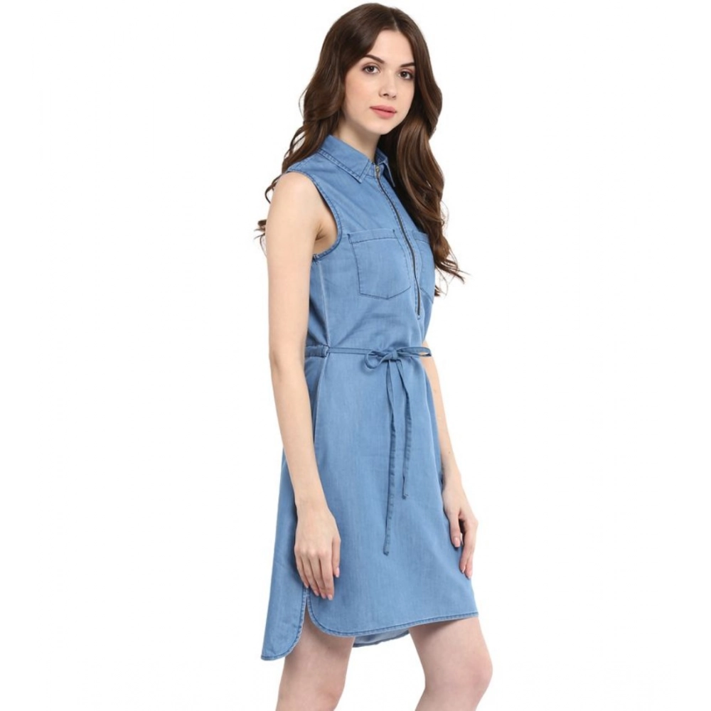 Women's Denim Solid Sleeveless Dress (Blue) - Image 4