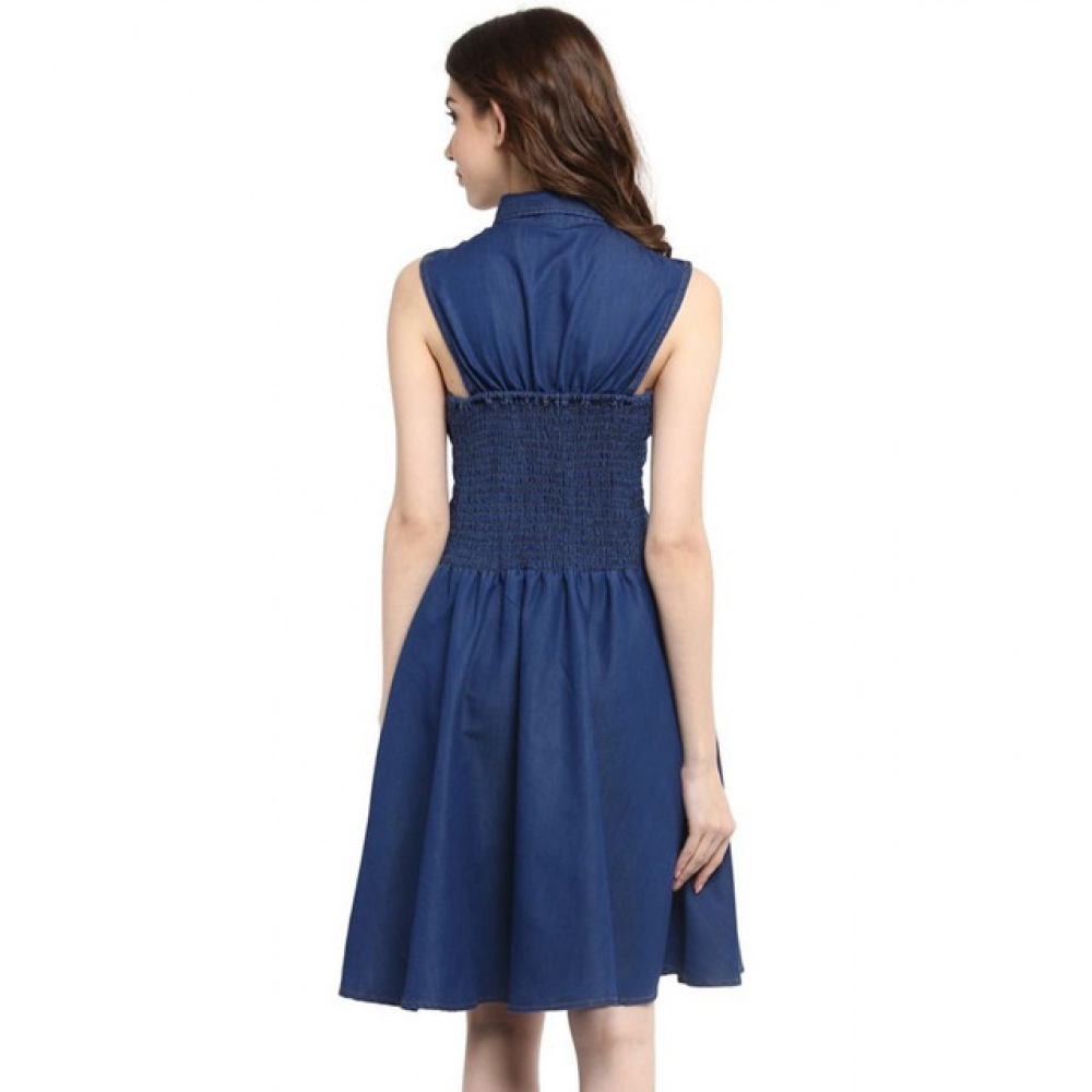 Women's Denim Solid Sleeveless Dress (Navy Blue) - Image 2