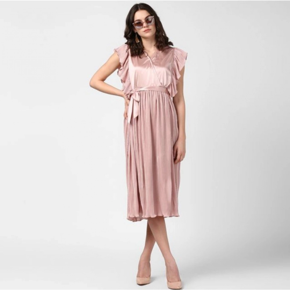 Women's Polyester Pleated Flutter Dress (Champagne Gold) - Image 3
