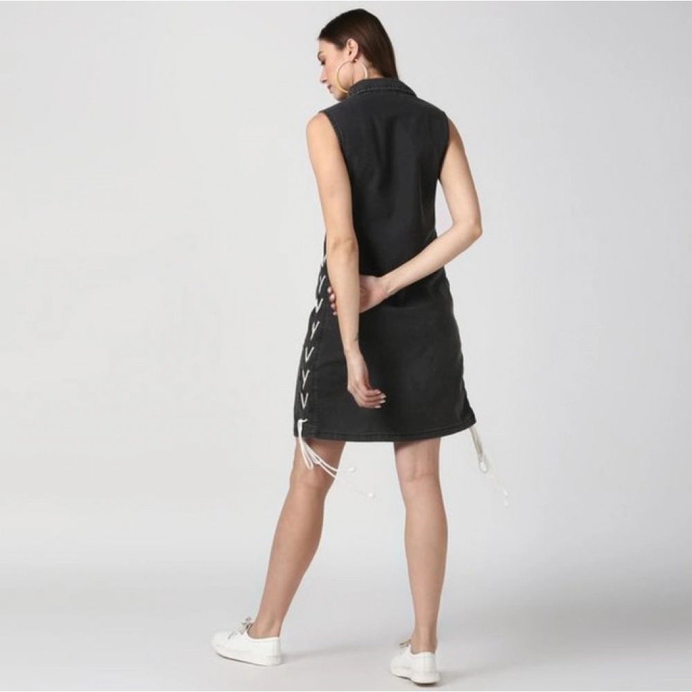 Women's Denim Solid Sleeveless Dress (Black) - Image 2