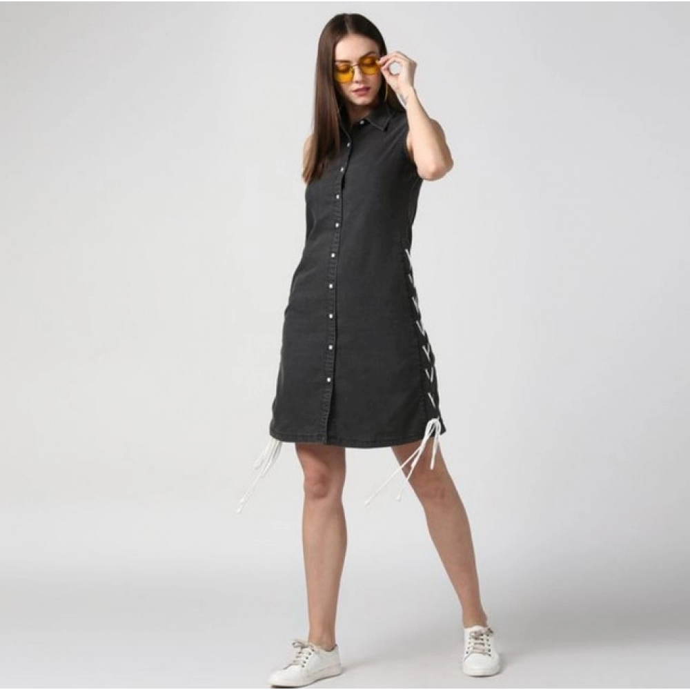Women's Denim Solid Sleeveless Dress (Black) - Image 3