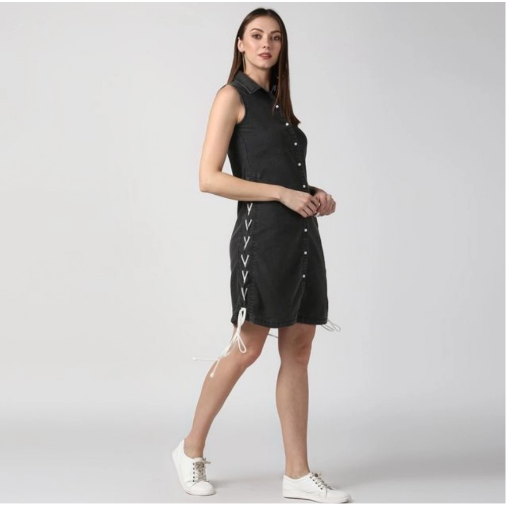 Women's Denim Solid Sleeveless Dress (Black) - Image 4