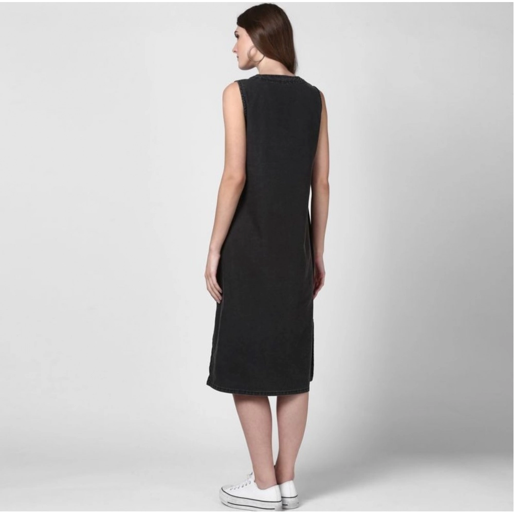 Women's Denim Solid Sleeveless Dress (Black) - Image 2