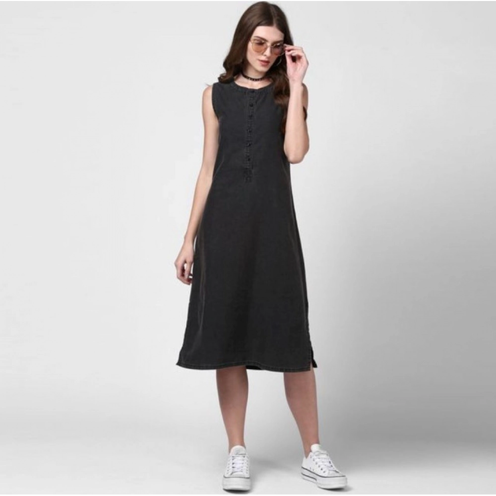 Women's Denim Solid Sleeveless Dress (Black) - Image 3