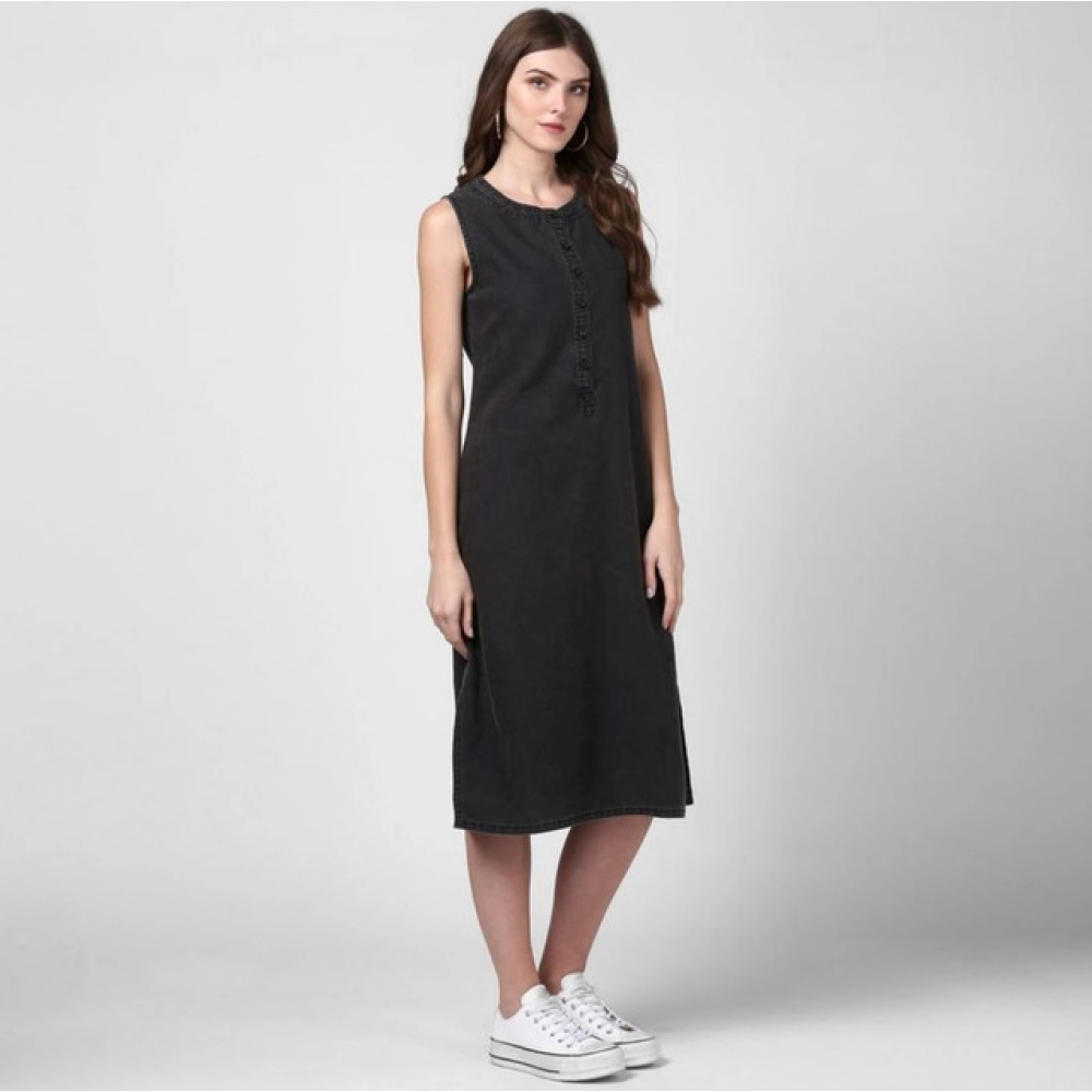 Women's Denim Solid Sleeveless Dress (Black) - Image 4