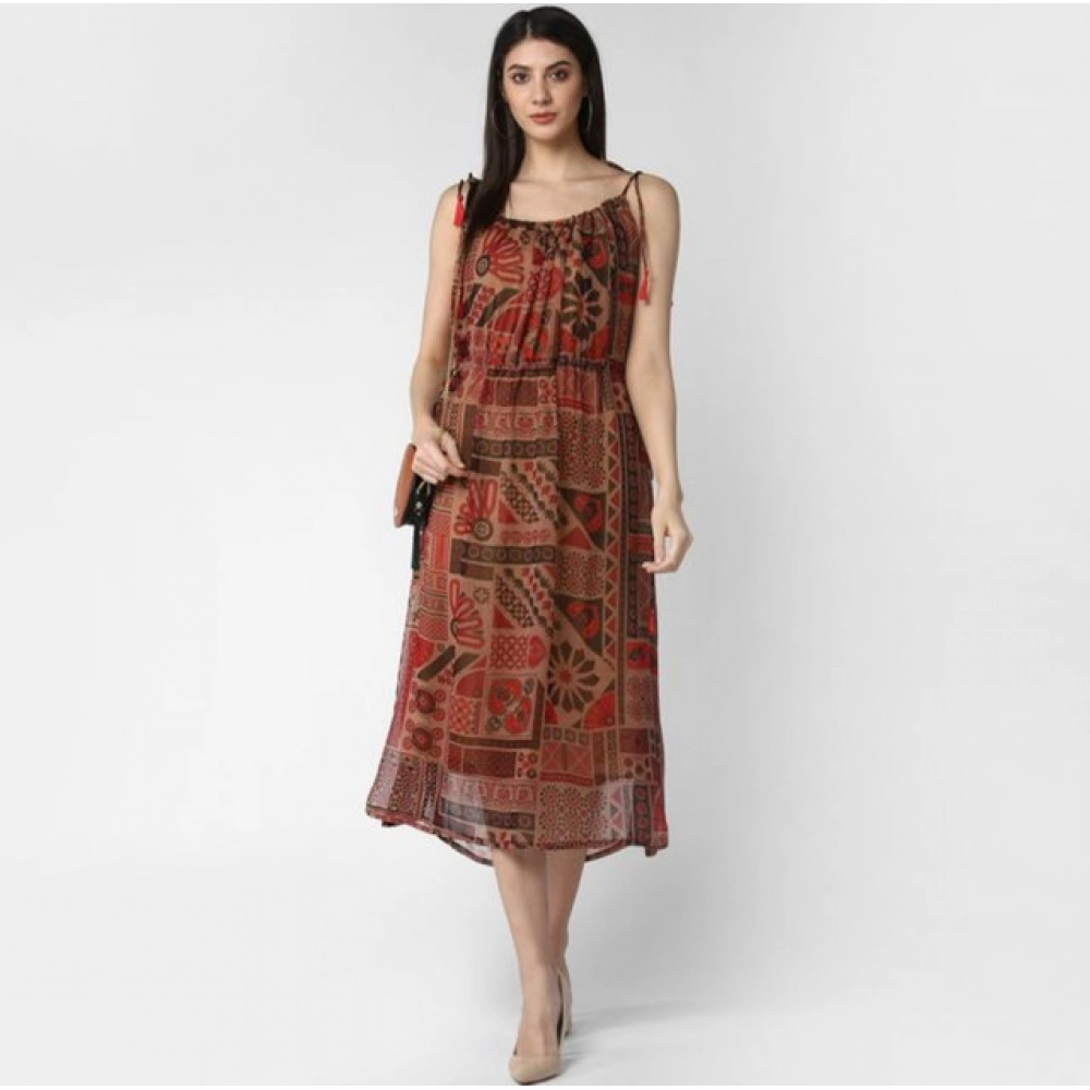 Women's Polyester Printed Shoulder Straps Dress (Maroon - Brown) - Image 3