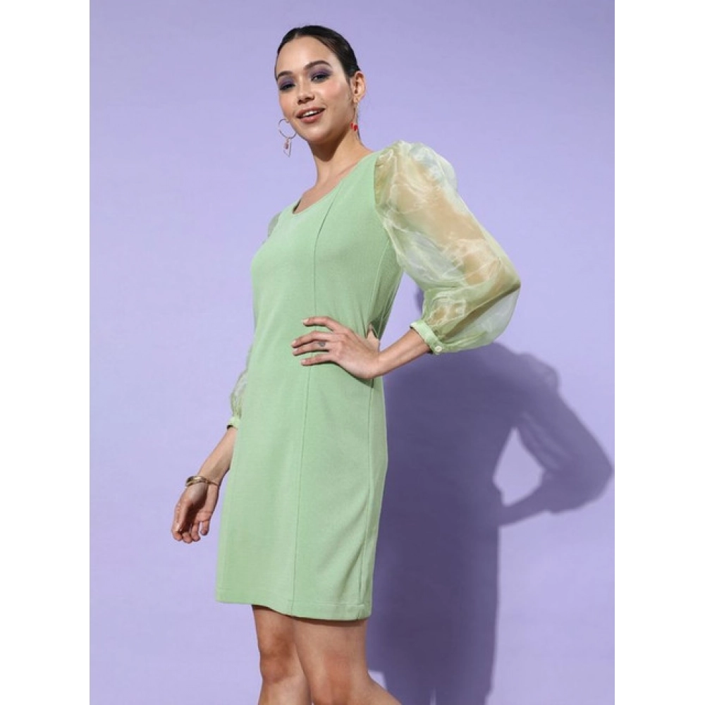 Women's Organza And Polyester Lycra Solid Long Sleeves Dress (Green) - Image 3