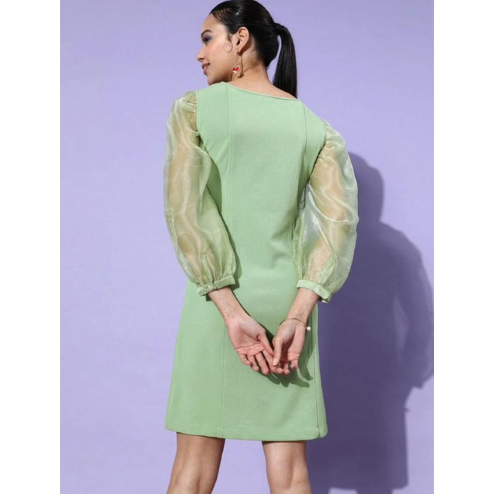 Women's Organza And Polyester Lycra Solid Long Sleeves Dress (Green) - Image 4