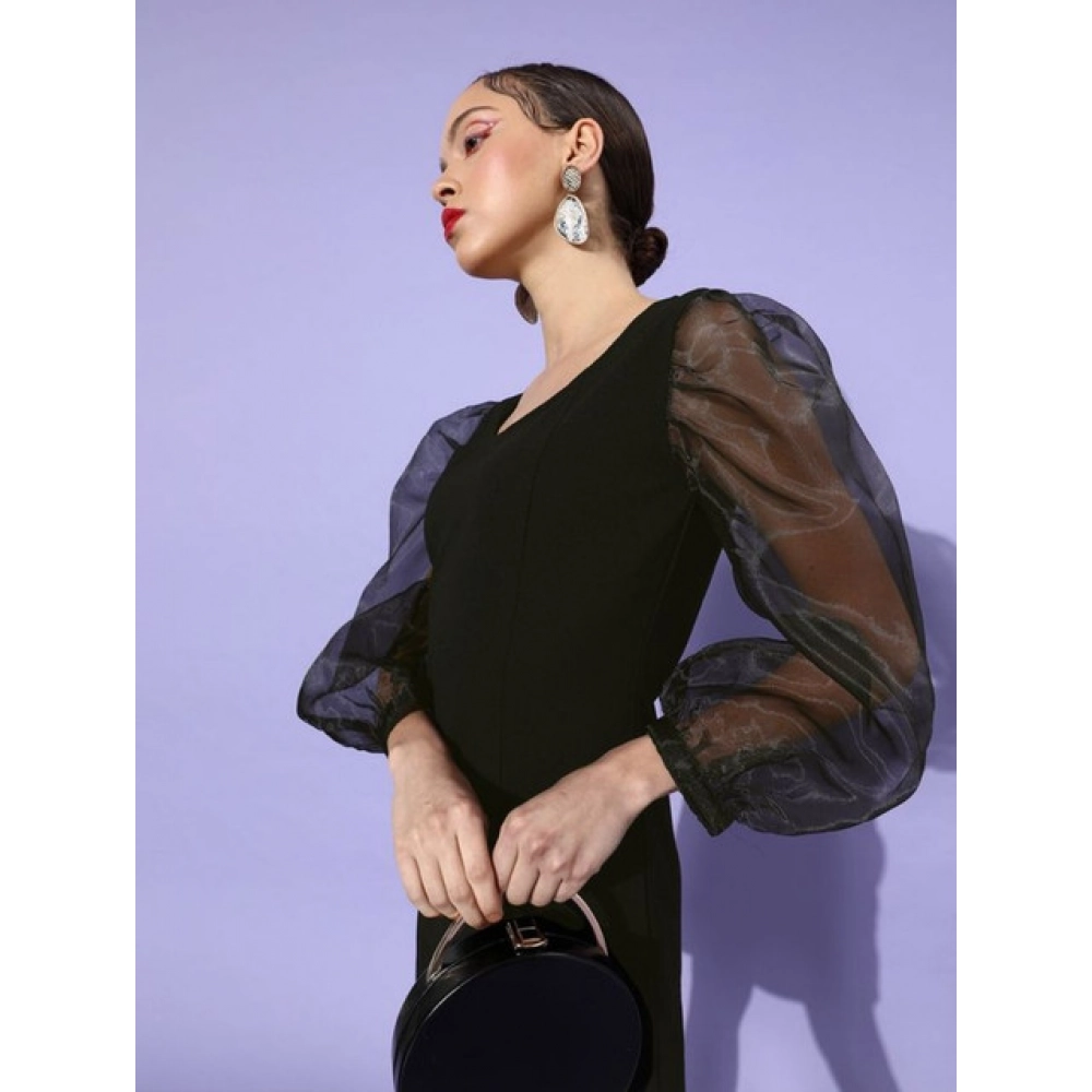 Women's Organza And Polyester Lycra Solid Long Sleeves Dress (Black) - Image 2