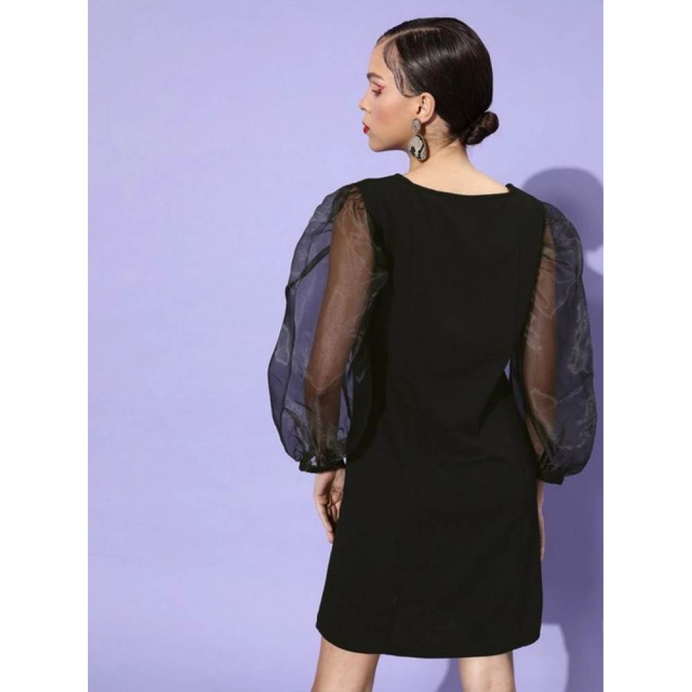Women's Organza And Polyester Lycra Solid Long Sleeves Dress (Black) - Image 4