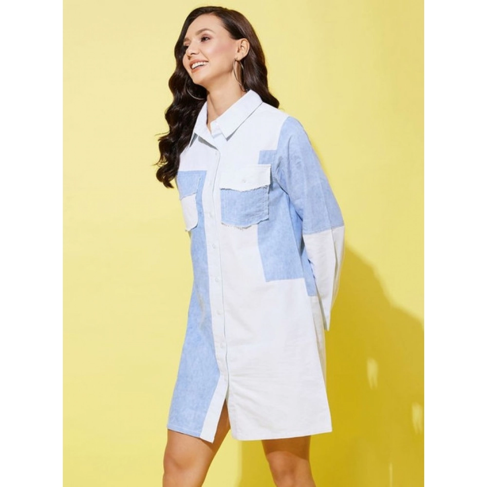 Women's Denim Solid Long Sleeves Dress (Blue) - Image 3