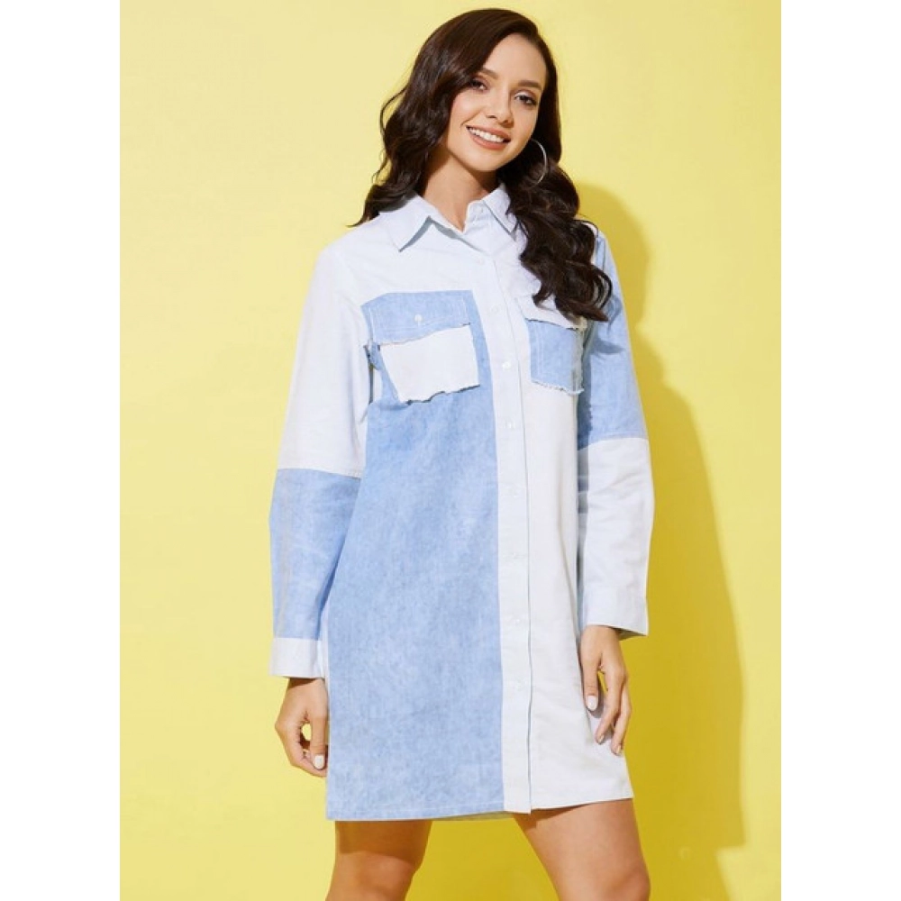Women's Denim Solid Long Sleeves Dress (Blue) - Image 4