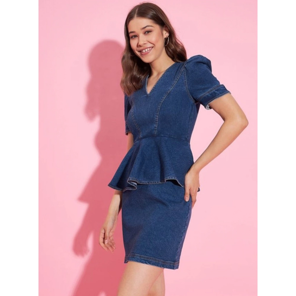 Women's Denim Solid Puff Sleeves Dress (Blue) - Image 3
