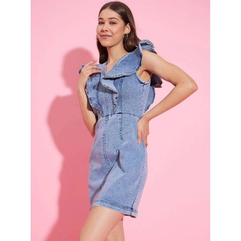 Women's Denim Solid Flutter Sleeve Dress (Blue) - Image 3