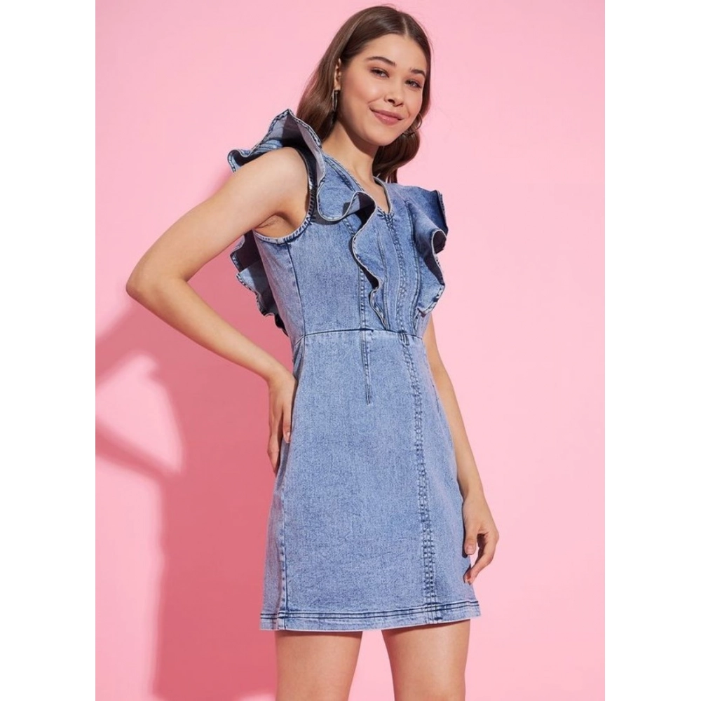 Women's Denim Solid Flutter Sleeve Dress (Blue) - Image 4