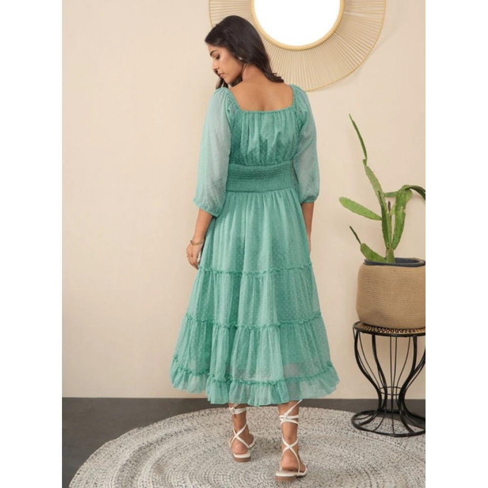 Women's Chiffon Solid Puff Sleeve Dress (Green) - Image 3