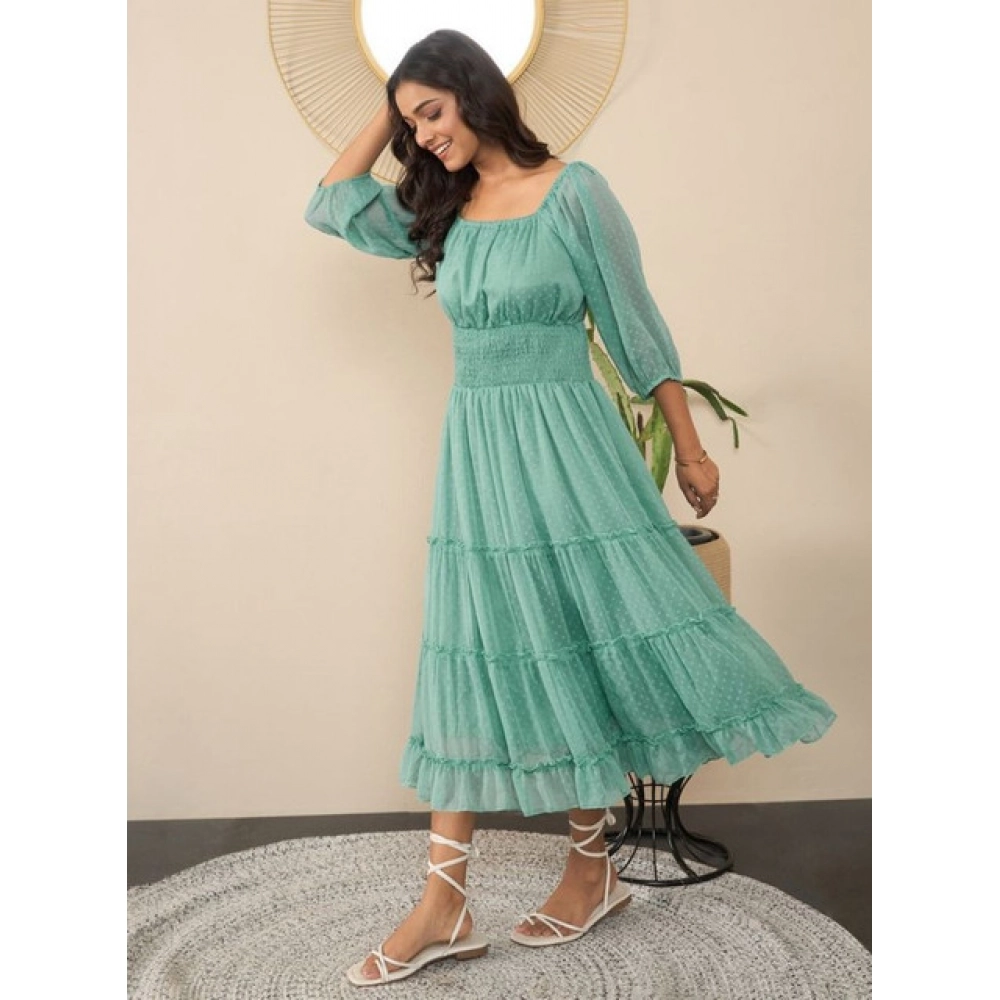 Women's Chiffon Solid Puff Sleeve Dress (Green) - Image 4