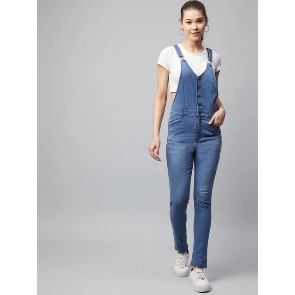 Women's Denim Lycra Solid Buttoned Dungaree (Ice Blue) - Image 2